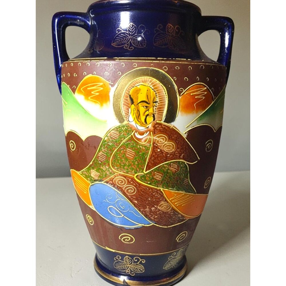 Vintage Japan Satsuma Moriage Vase 10" Cobalt Blue Gold Immortals Double Handle